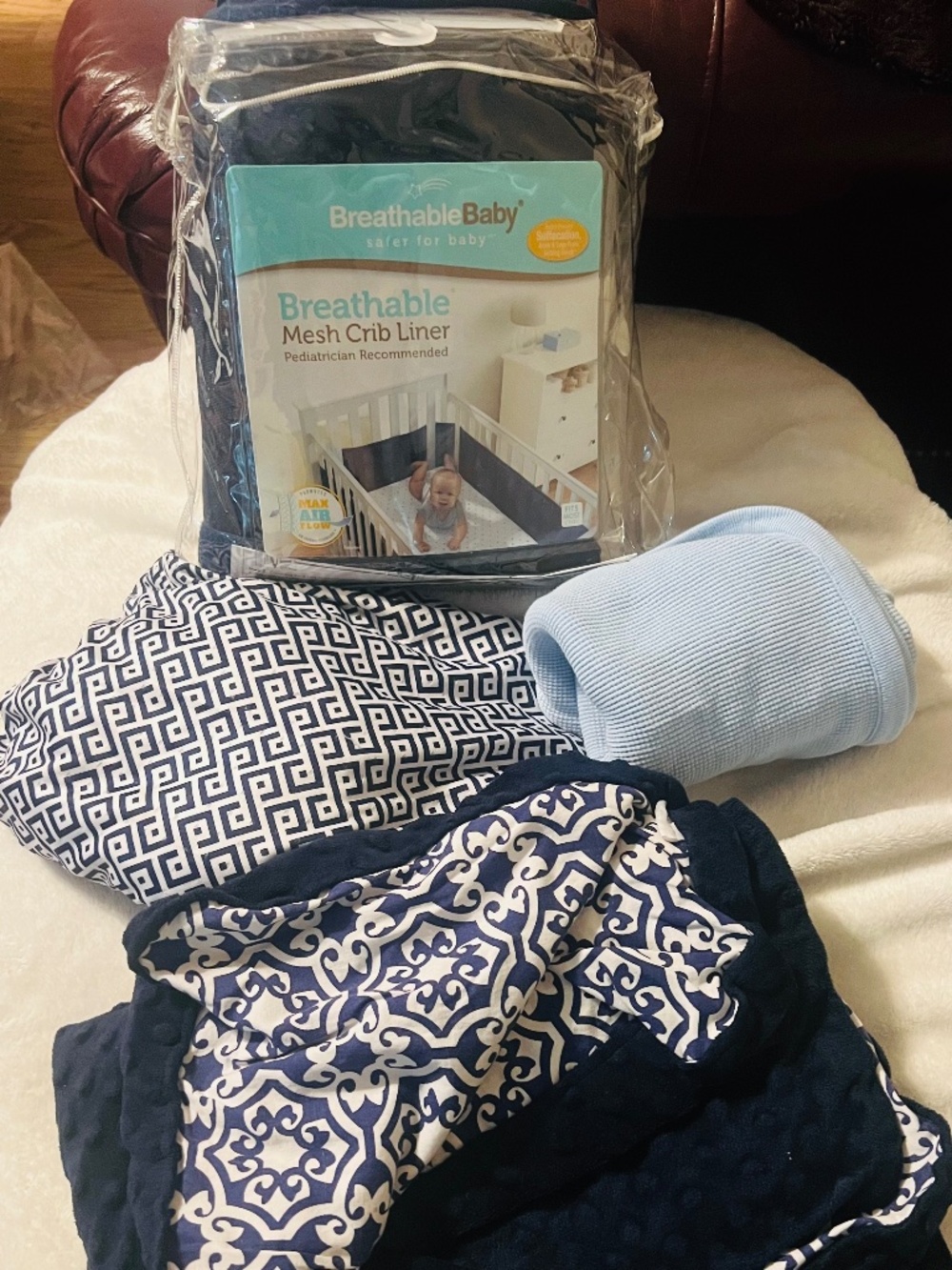 Mesh Crib Liner Navy Blue, Matching Blanket, Crib Sheet & extra flannel